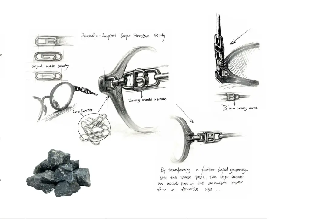 ภาพร่างออกแบบโครงสร้างขาแว่น BOLON แนวคิด Paperclip-Inspired Temple Structure