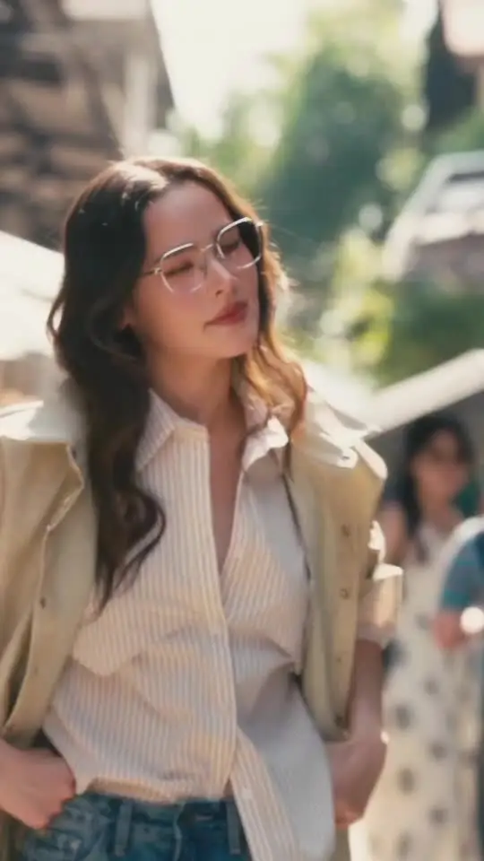 Yaya สวมแว่นตา BOLON ทรงเหลี่ยมสีทอง บรรยากาศกลางแจ้ง